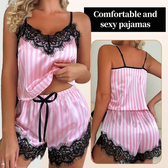 NIP - 2Pc Sexy Camisole Pink & White Stripe with Lace Edge V-Neck Pajama Set - L - Picture 2 of 6